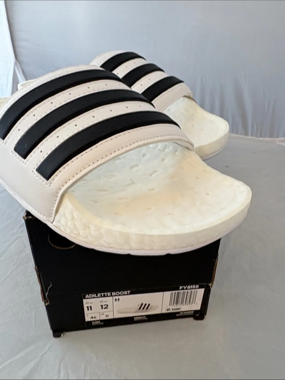 New Adidas Adilette Boost White Slide Sandals with Black Stripes Men’s size 11